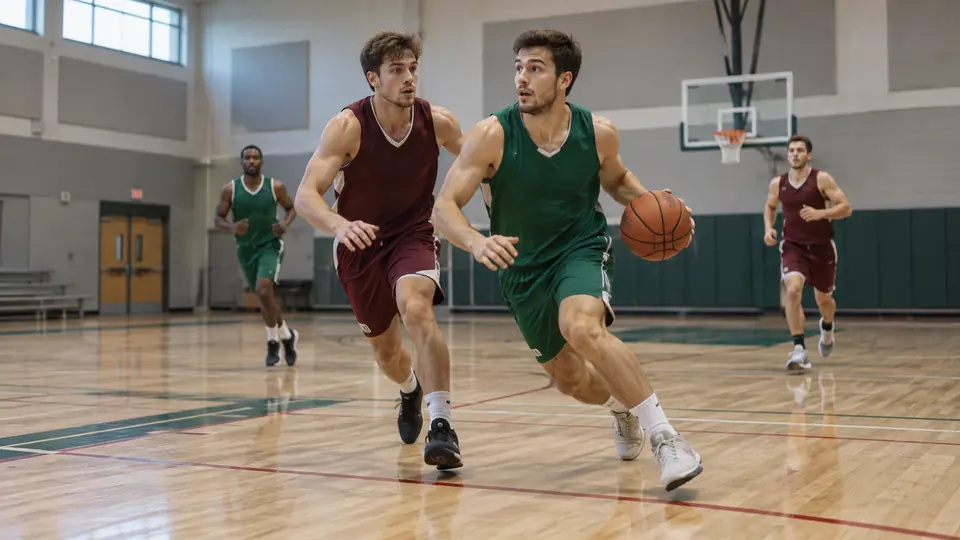 Illustrative basketball scene with players competing on an indoor court